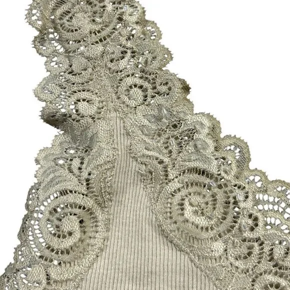 Vtg Y2K Lace Trimmed Tank Top Womens Sz XL Beige Fairycore Beaded Coquette Fairy - Picture 7 of 13